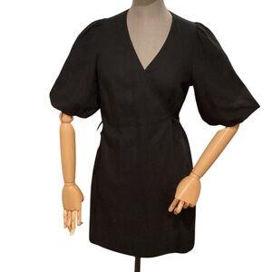 NWOT. Linen Blend, with cotton, black, puff sleeve wrap dress, size S, Old Navy